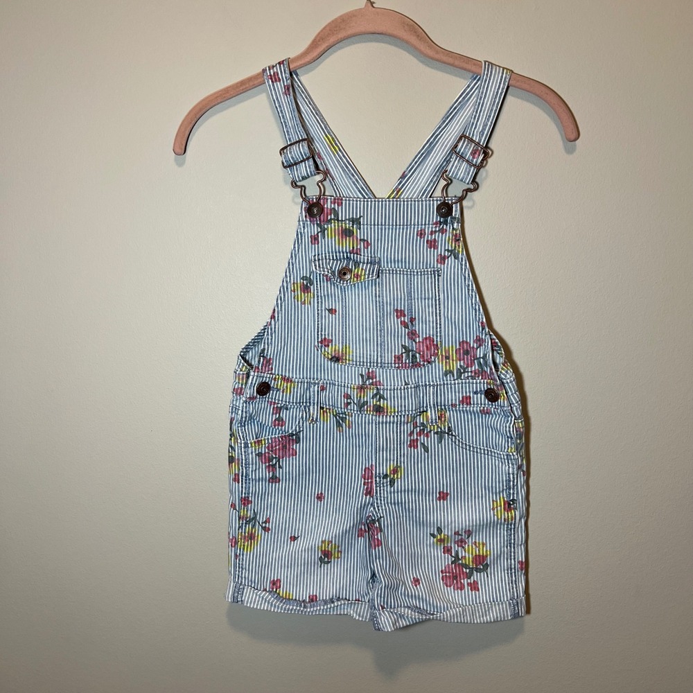 OshKosh B'gosh Girls Floral Hickory Stripe Shortalls Blue White 6/6X